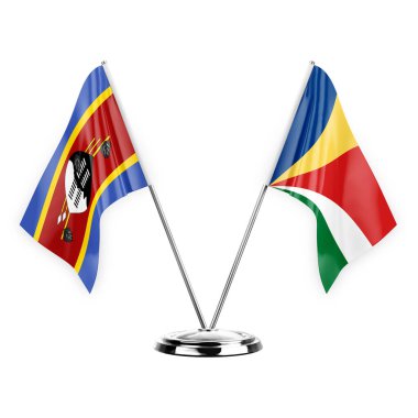 Two table flags isolated on white background 3d illustration, eswatini and seychelles