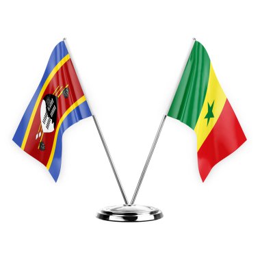 Two table flags isolated on white background 3d illustration, eswatini and senegal