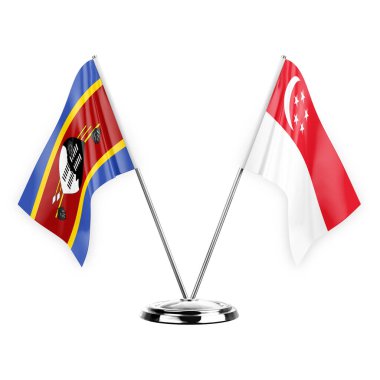 Two table flags isolated on white background 3d illustration, eswatini and singapore