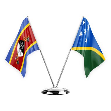 Two table flags isolated on white background 3d illustration, eswatini and solomon islands