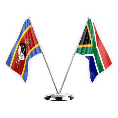 Two table flags isolated on white background 3d illustration, eswatini and south africa