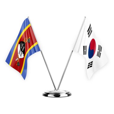 Two table flags isolated on white background 3d illustration, eswatini and south korea