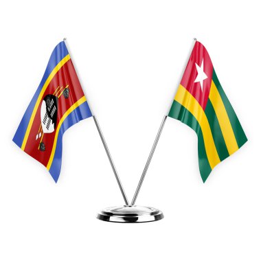 Two table flags isolated on white background 3d illustration, eswatini and togo