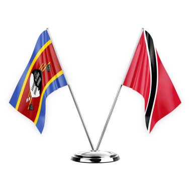 Two table flags isolated on white background 3d illustration, eswatini and tobago
