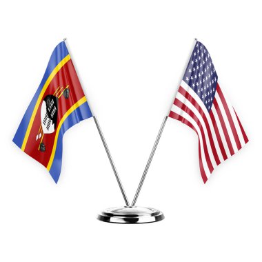 Two table flags isolated on white background 3d illustration, eswatini and usa