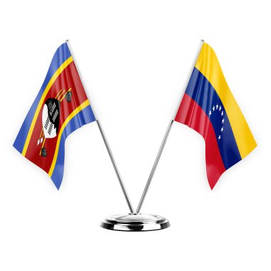 Two table flags isolated on white background 3d illustration, eswatini and venezuela