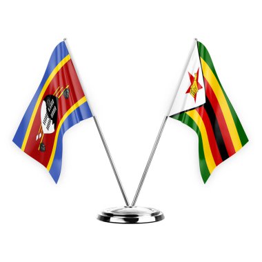 Two table flags isolated on white background 3d illustration, eswatini and zimbabwe