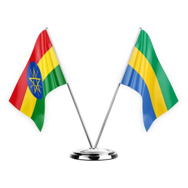 Two table flags isolated on white background 3d illustration, ethiopia and gabon