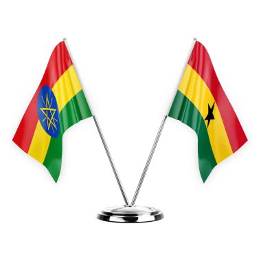 Two table flags isolated on white background 3d illustration, ethiopia and ghana