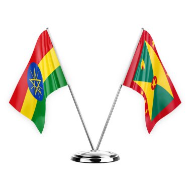 Two table flags isolated on white background 3d illustration, ethiopia and grenada