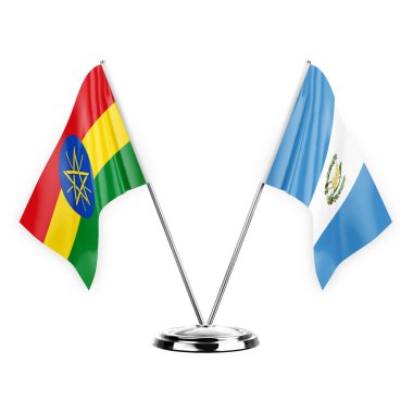 Two table flags isolated on white background 3d illustration, ethiopia and guatemala