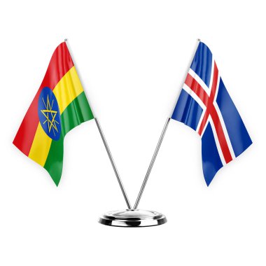 Two table flags isolated on white background 3d illustration, ethiopia and iceland