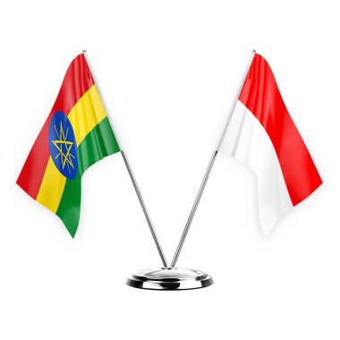 Two table flags isolated on white background 3d illustration, ethiopia and indonesia
