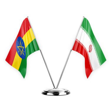 Two table flags isolated on white background 3d illustration, ethiopia and iran
