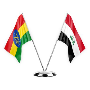 Two table flags isolated on white background 3d illustration, ethiopia and iraq