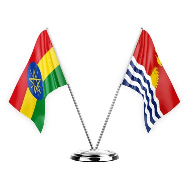 Two table flags isolated on white background 3d illustration, ethiopia and kiribati