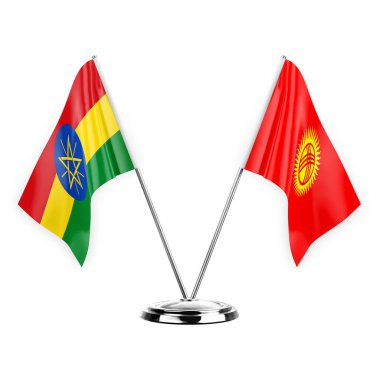 Two table flags isolated on white background 3d illustration, ethiopia and kyrgyzstan