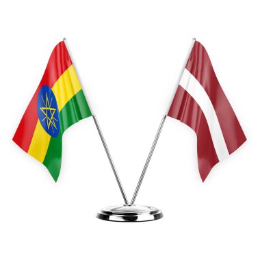 Two table flags isolated on white background 3d illustration, ethiopia and latvia