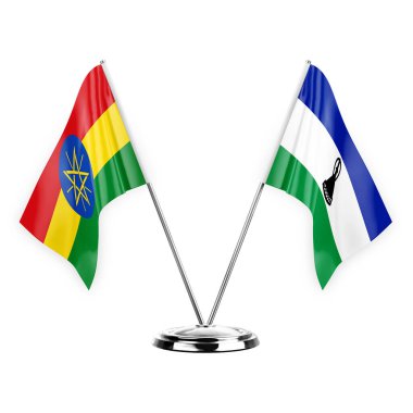 Two table flags isolated on white background 3d illustration, ethiopia and lesotho