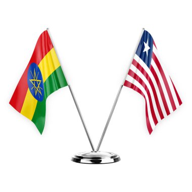 Two table flags isolated on white background 3d illustration, ethiopia and liberia