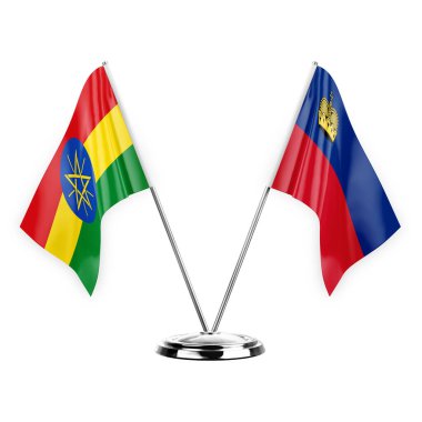 Two table flags isolated on white background 3d illustration, ethiopia and liechtenstein