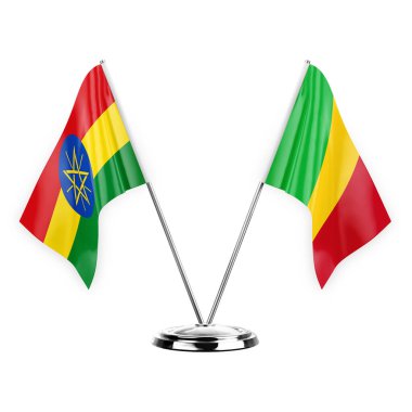 Two table flags isolated on white background 3d illustration, ethiopia and mali