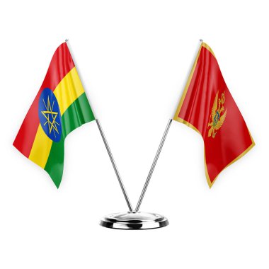 Two table flags isolated on white background 3d illustration, ethiopia and montenegro