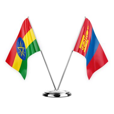 Two table flags isolated on white background 3d illustration, ethiopia and mongolia