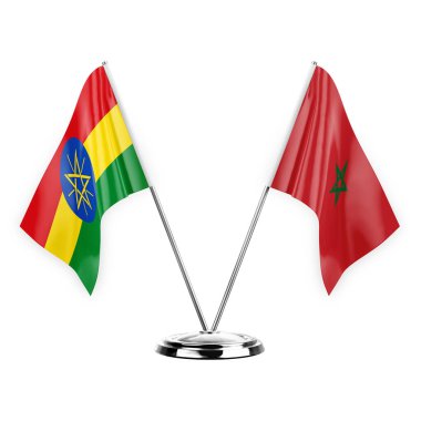 Two table flags isolated on white background 3d illustration, ethiopia and morocco