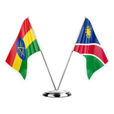 Two table flags isolated on white background 3d illustration, ethiopia and namibia