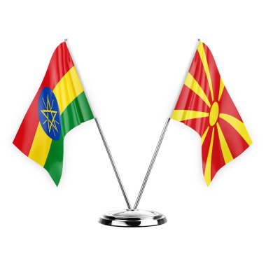 Two table flags isolated on white background 3d illustration, ethiopia and north macedonia