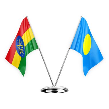 Two table flags isolated on white background 3d illustration, ethiopia and palau