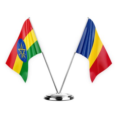 Two table flags isolated on white background 3d illustration, ethiopia and romania