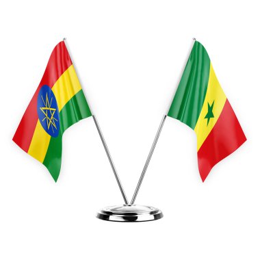 Two table flags isolated on white background 3d illustration, ethiopia and senegal