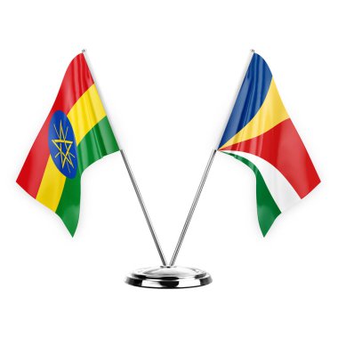 Two table flags isolated on white background 3d illustration, ethiopia and seychelles