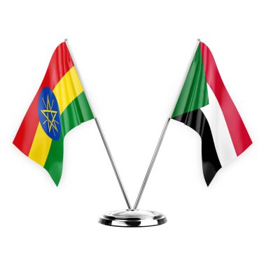 Two table flags isolated on white background 3d illustration, ethiopia and sudan