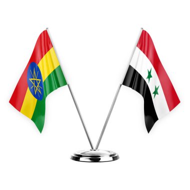 Two table flags isolated on white background 3d illustration, ethiopia and syria