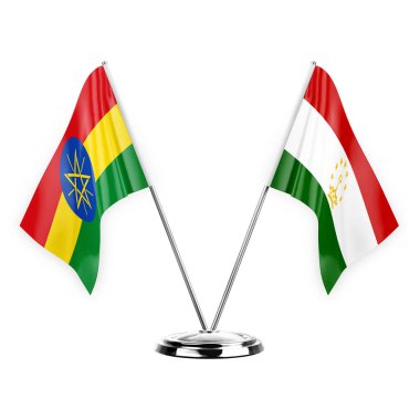 Two table flags isolated on white background 3d illustration, ethiopia and tajikistan