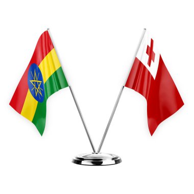 Two table flags isolated on white background 3d illustration, ethiopia and tonga