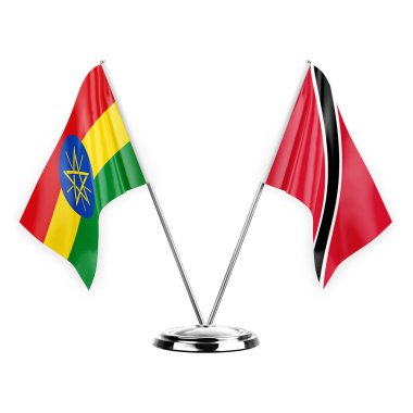 Two table flags isolated on white background 3d illustration, ethiopia and tobago