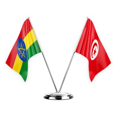 Two table flags isolated on white background 3d illustration, ethiopia and tunisia