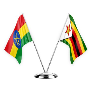 Two table flags isolated on white background 3d illustration, ethiopia and zimbabwe