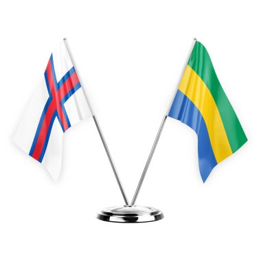 Two table flags isolated on white background 3d illustration, faroe islands and gabon