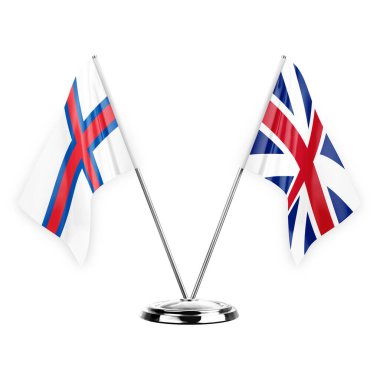 Two table flags isolated on white background 3d illustration, faroe islands and britain