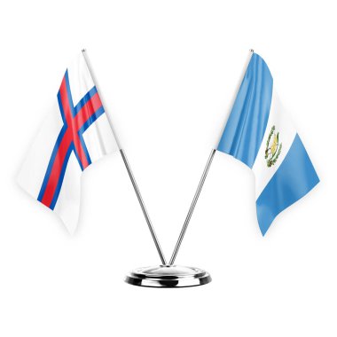Two table flags isolated on white background 3d illustration, faroe islands and guatemala