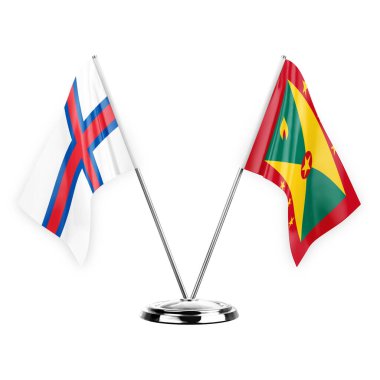 Two table flags isolated on white background 3d illustration, faroe islands and grenada