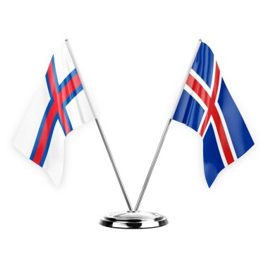 Two table flags isolated on white background 3d illustration, faroe islands and iceland