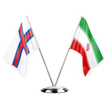 Two table flags isolated on white background 3d illustration, faroe islands and iran