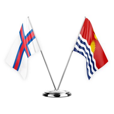 Two table flags isolated on white background 3d illustration, faroe islands and kiribati