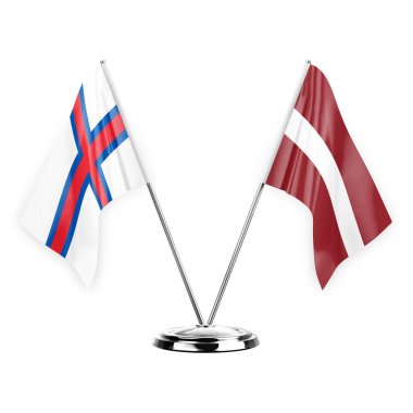 Two table flags isolated on white background 3d illustration, faroe islands and latvia